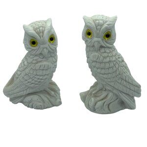 Vtg White Horned Owls Figurines Hand‎ Carved Sandstone Yellow Eyes Italy F.A